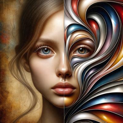 The primary subject of the image is a woman with two different faces. One face is a traditional, realistic representation, while the other face is a digital art or illustration. The setting is a painting, and the visual style is a mix of photo and digital art. The colors and mood of the image are vibrant and artistic, with the woman's faces being the main focus.